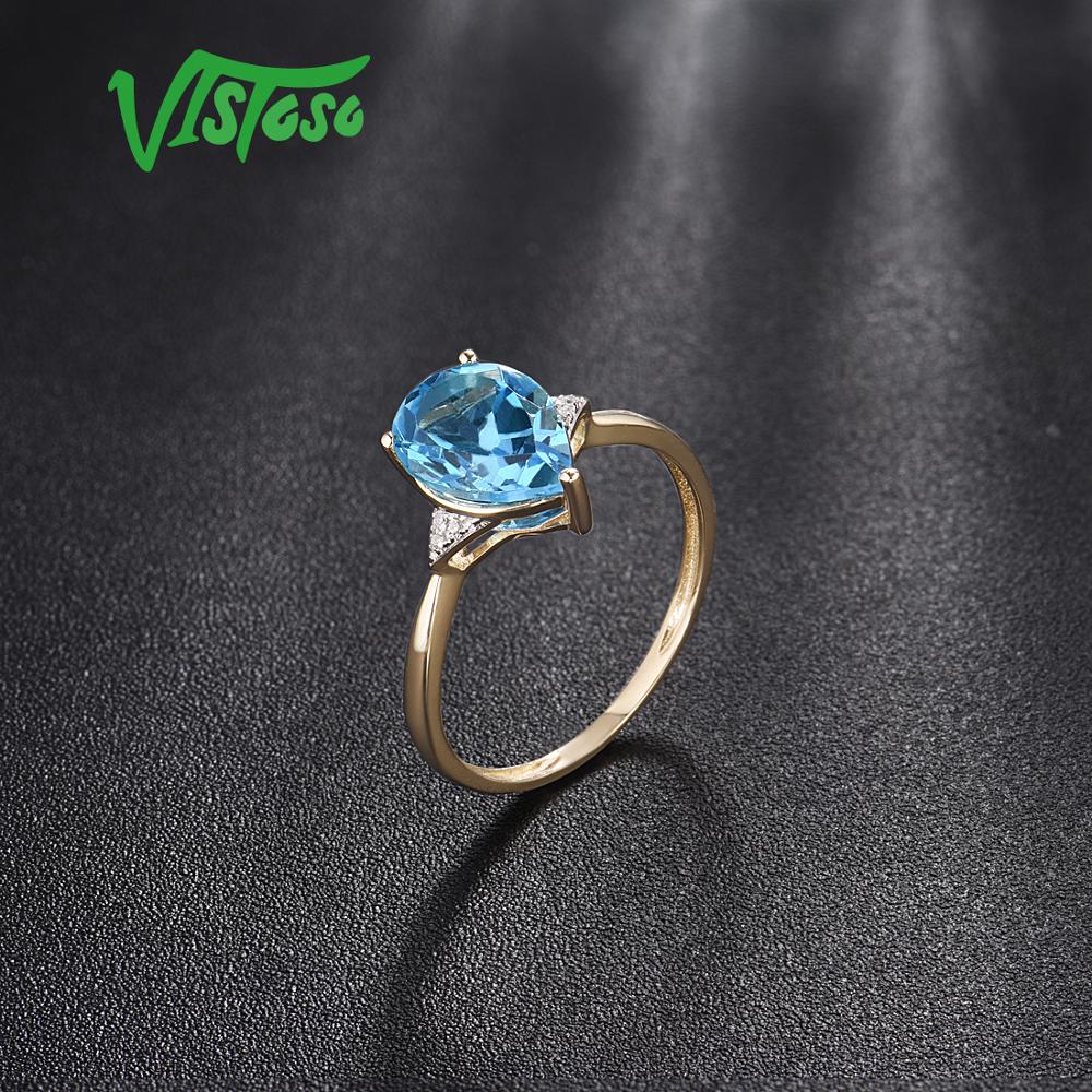 Water Drop Style Swiss Blue Topaz & Diamond Pure 14K Yellow Gold Ring