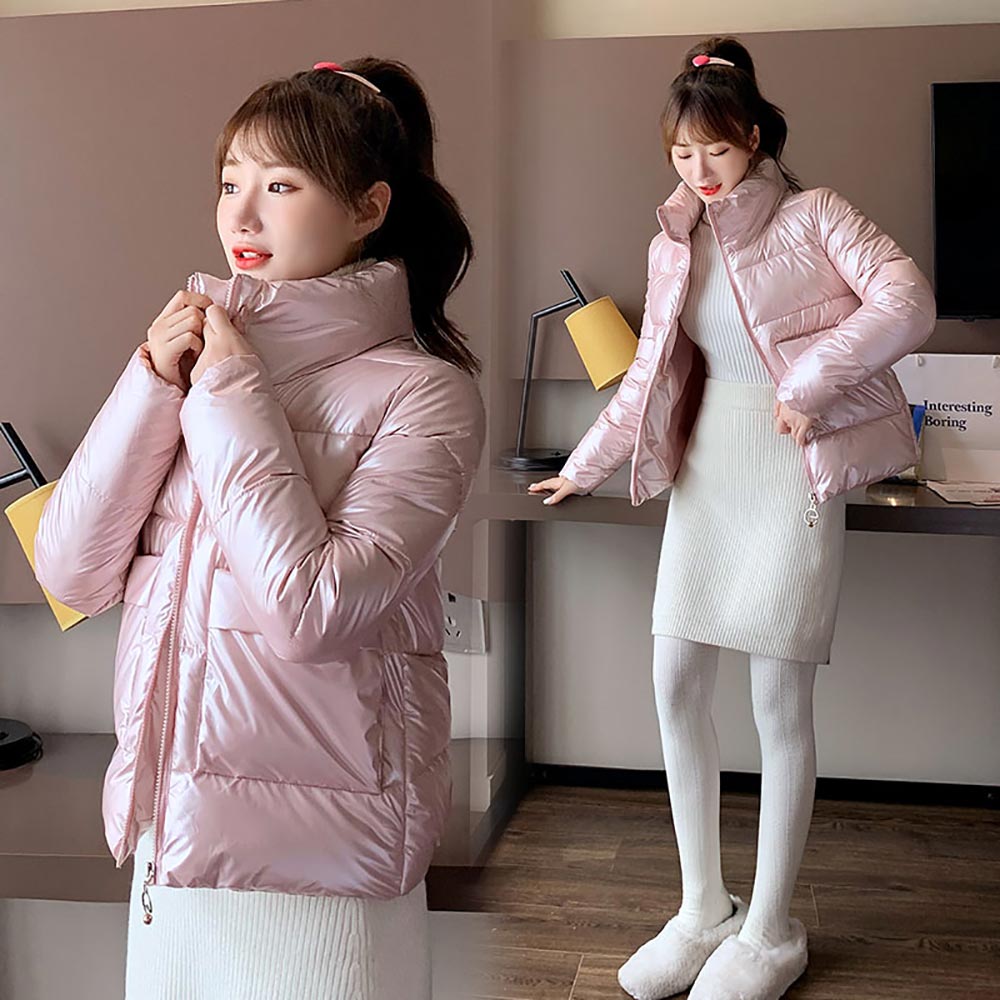 Solid Stand Collar Casual Streetwear Women's Puffer Bomber Jacket