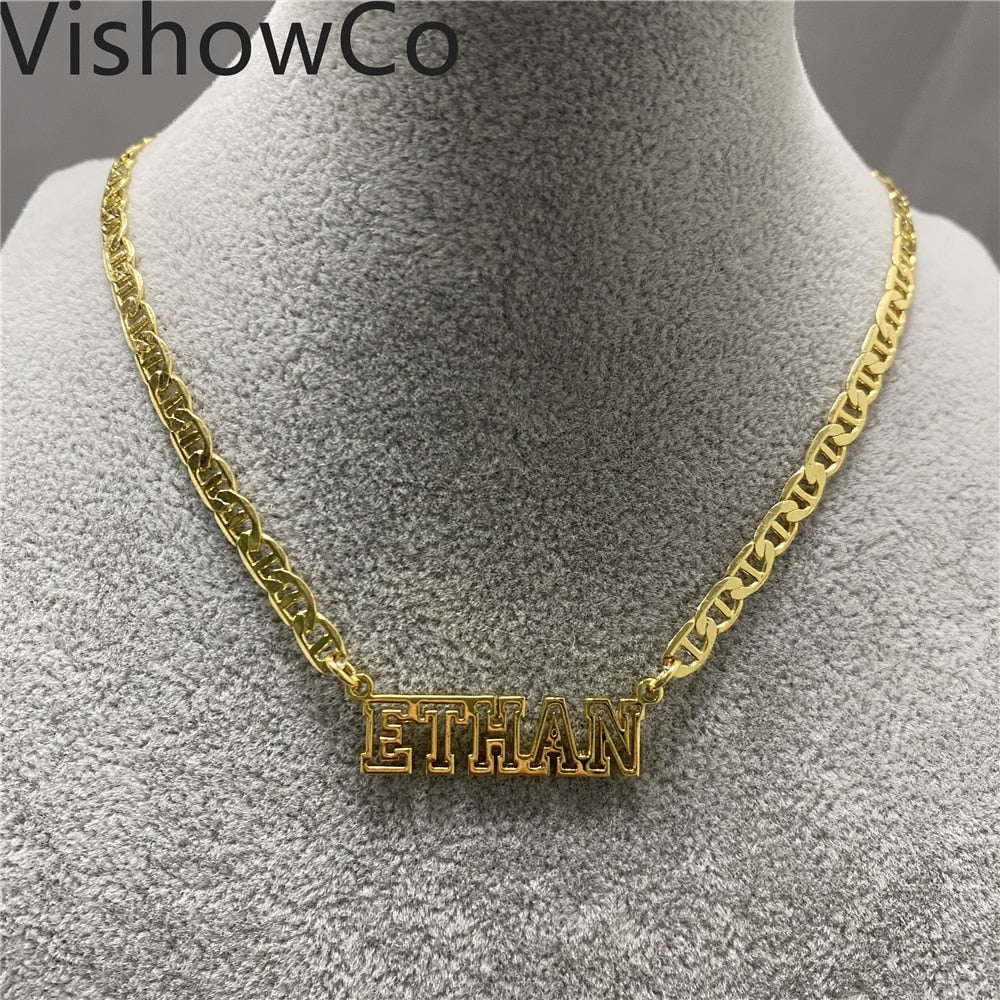 Stainless Steel Gold Choker Custom Name Necklace Personalized Flat Chain Nameplate Pendant Necklace