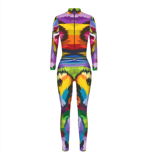 Rainbow Color 3D Tiger Print Long Sleeve Women's Skinny Jumpsuit