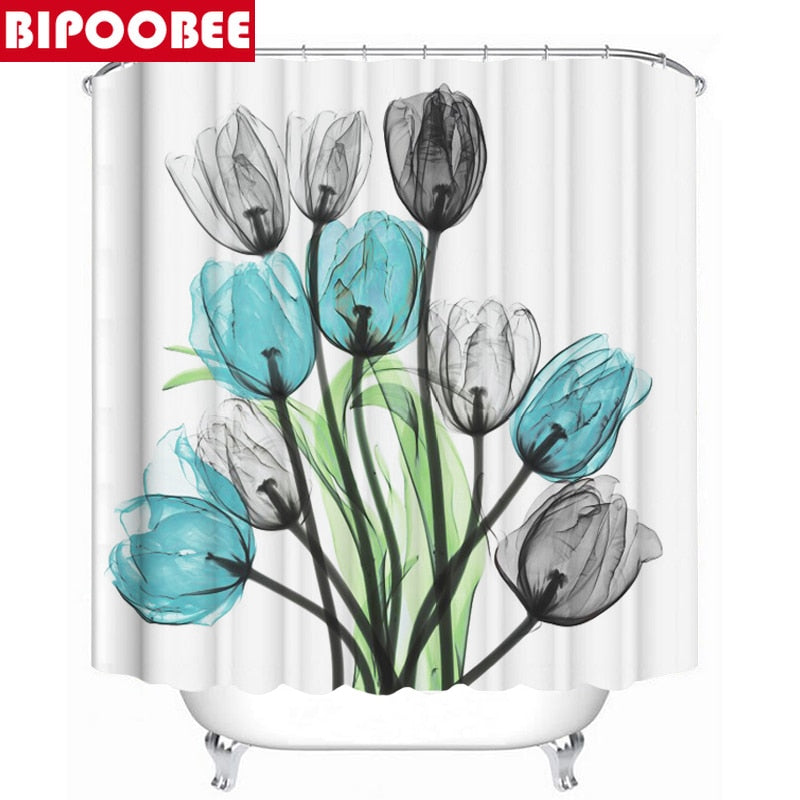 Tulip Lotus Flowers Trees Shower Curtain Sets Non-Slip Rugs Toilet Lid Cover and Bath Mat Waterproof Shower Curtain