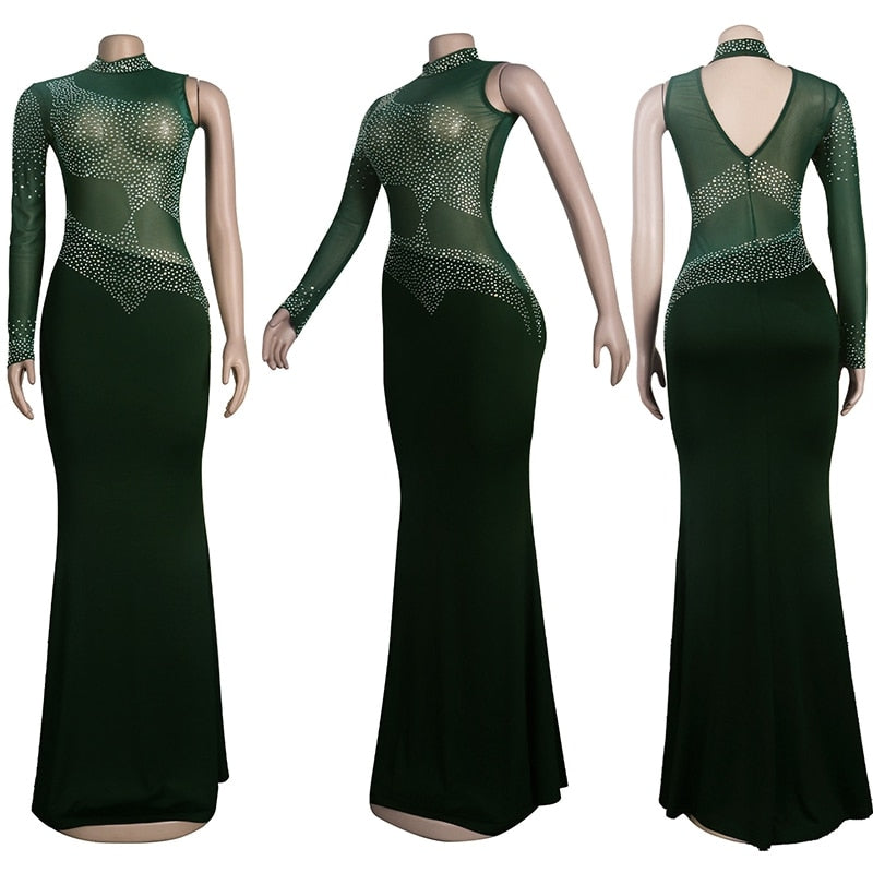 Rhinestone Maxi Sheer Mesh Patchwork One Shoulder Evening Dress