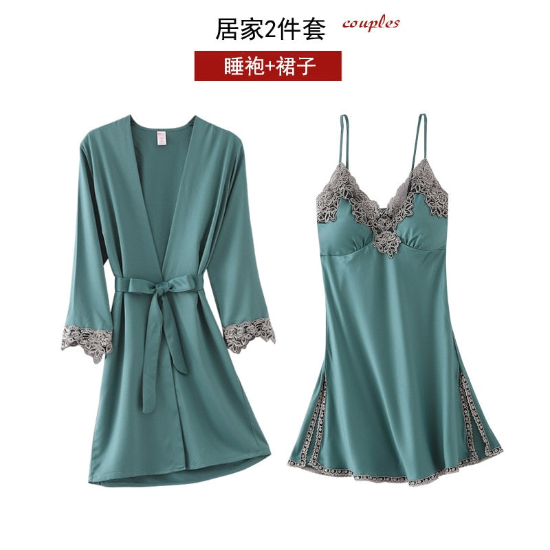 Satin 5-Piece Matching Women's Pajama Set: Robe, V-Neck Camisole, Pants Pants, Teddy Lingerie Top & Shorts