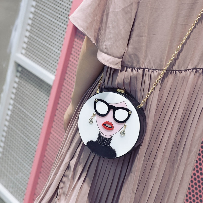 Cartoon Lady w/ Glasses Chain Clutch Purse