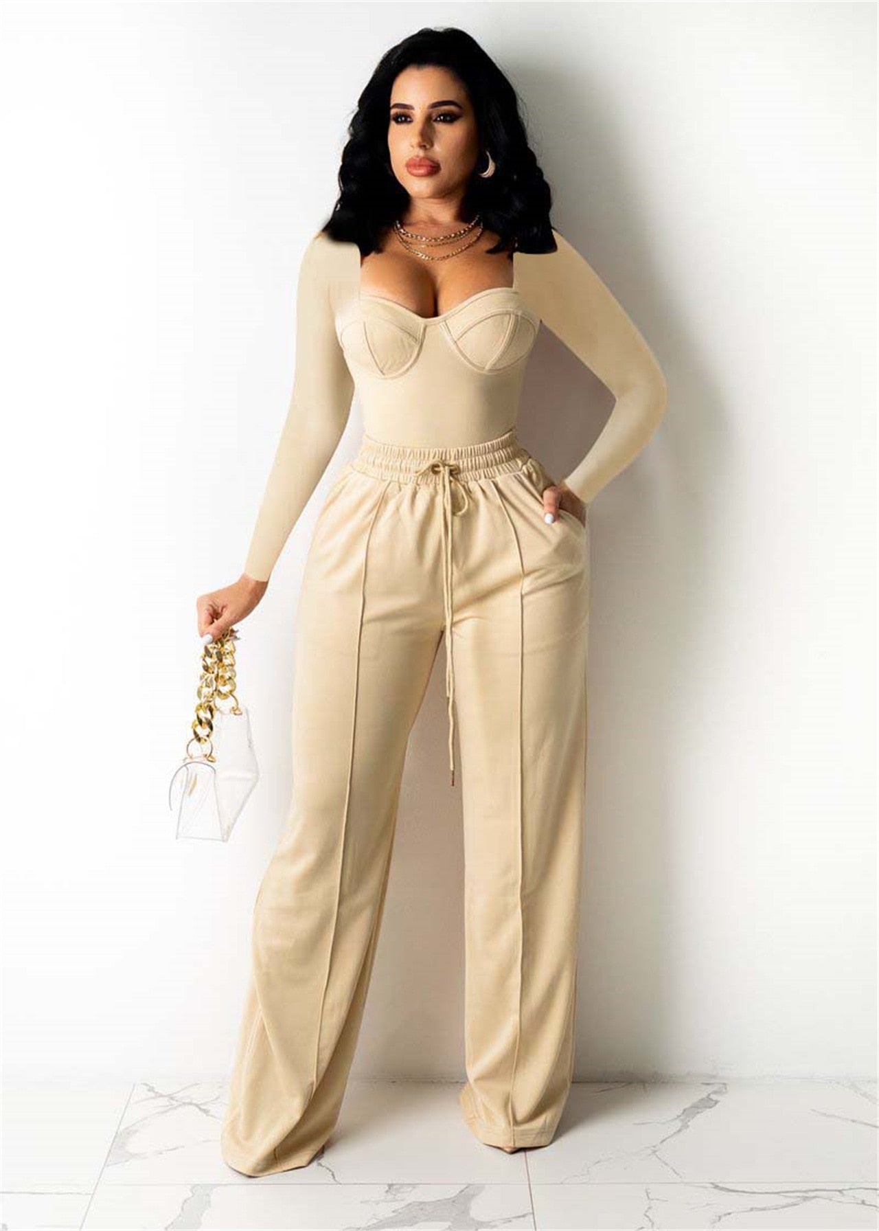 Long Sleeve V-Neck Top + Drawstring Pockets Wide Leg Pants 2-Piece Set