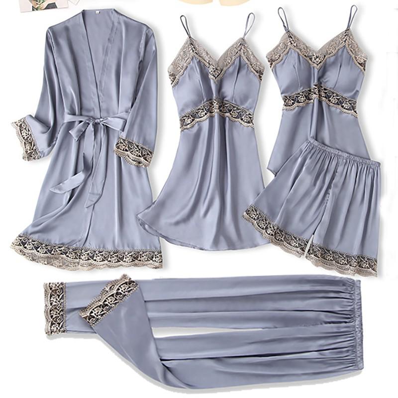 Satin Women's Sleepwear Set/Pajamas: Kimono Gown, Lace Intimate Lingerie Hollow Out Camisole, and Matching Lingerie Top w/ Shorts & Silky Pajama Pants