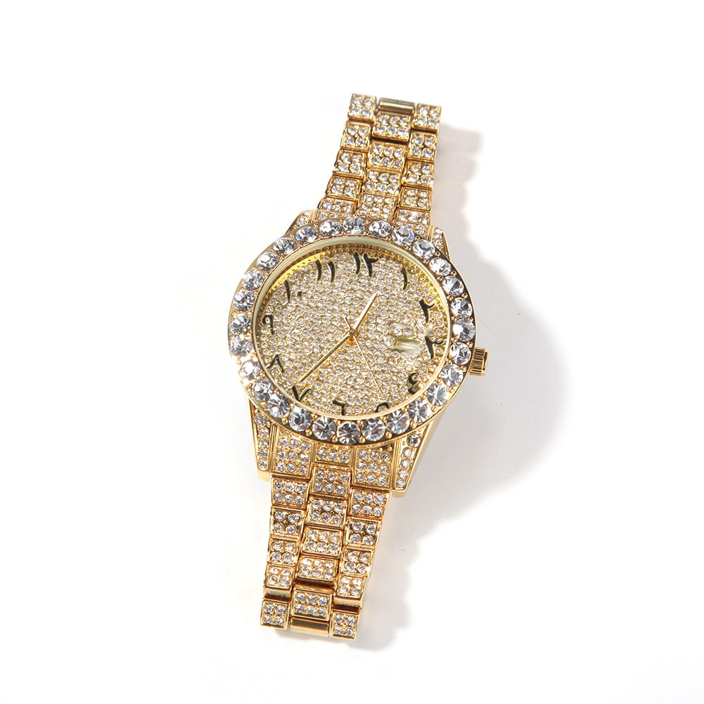 Rhinestone Geometric Hip-Hop Big Dial Full Iced Out Arabic Numerical Stainless Steel Quartz Watch