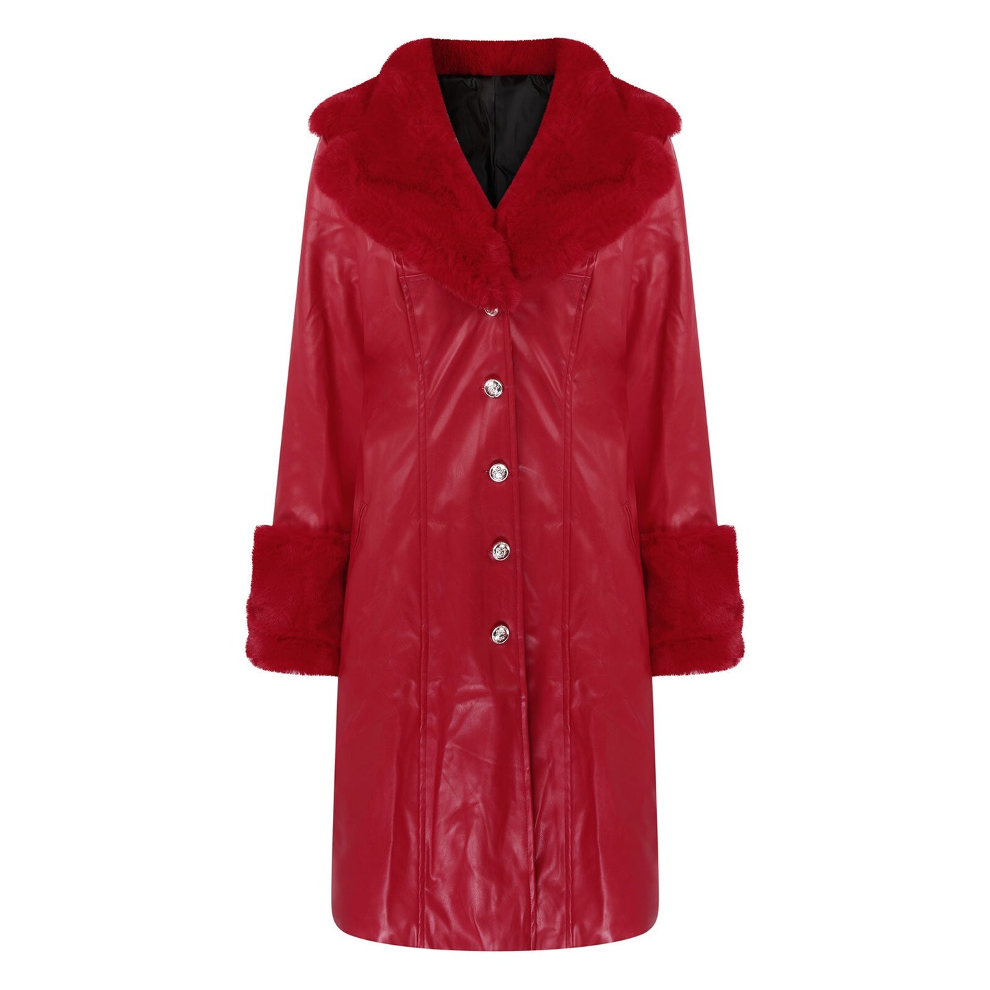 PU Leather Solid Fur Collar Loose  Trenchcoats