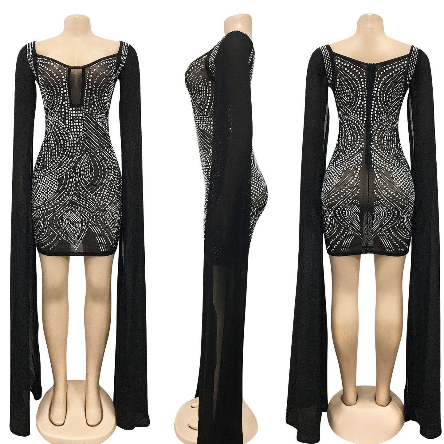 Diamond Sheer Mesh Patchwork Shawl V-Neck Long Sleeve Mini Evening Dress