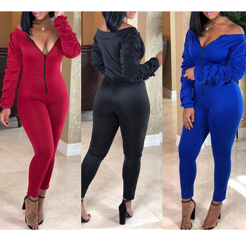 Solid Color Off-the-Shoulder Ruched Puffed Long Sleeve Zipper Front Slash Neck Jumpsuit