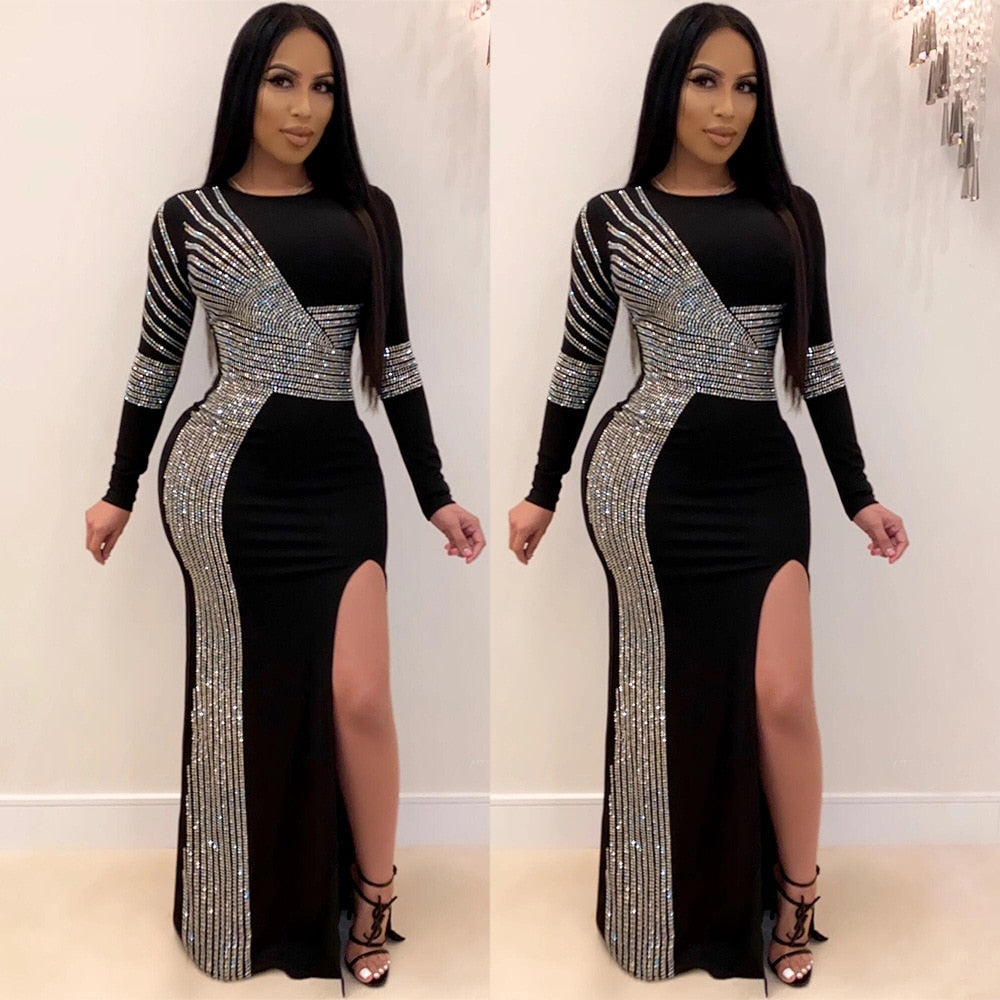 Metallic African Maxi Sequined O-Neck Long Sleeve Evening Party Dress