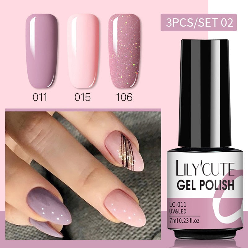 3 Piece Gel Polish Set: Winter Color Glitter Sequin Matte Effect Gel, Long Lasting Base Top Coat Nail Art Design