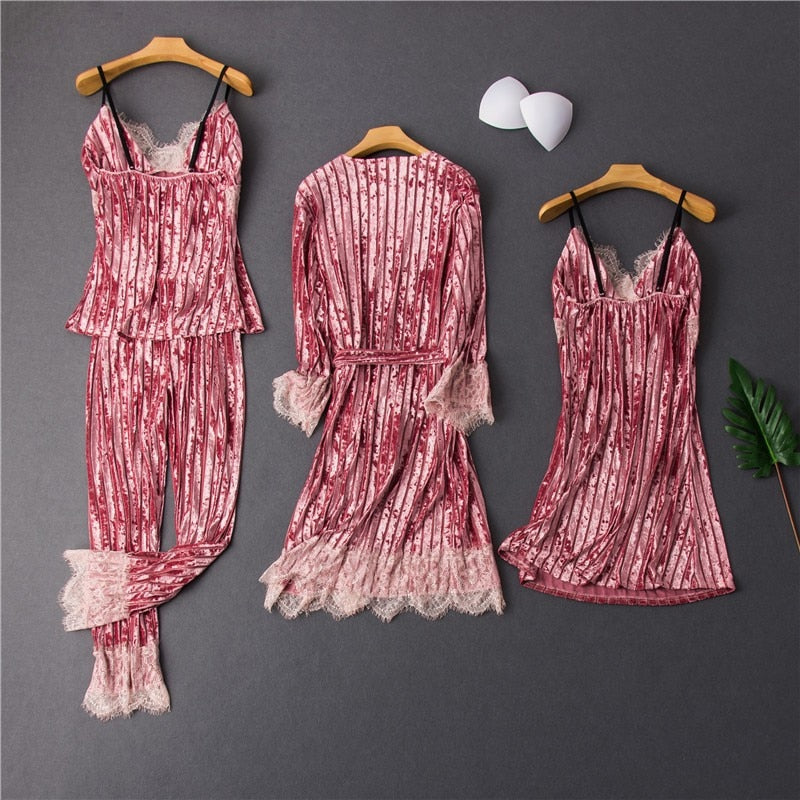 Velvet 4-Piece Ladies Sleepwear/Pajama Set (Robe, Pair of Pajamas & Camisole Lingerie Nightgown )