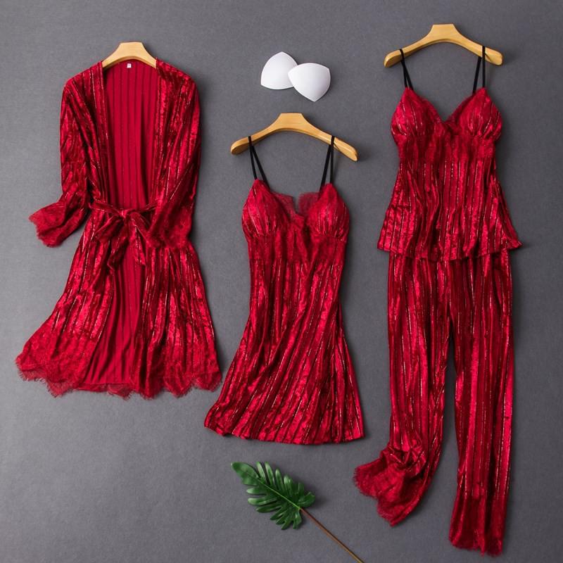 Velvet 4-Piece Ladies Sleepwear/Pajama Set (Robe, Pair of Pajamas & Camisole Lingerie Nightgown )