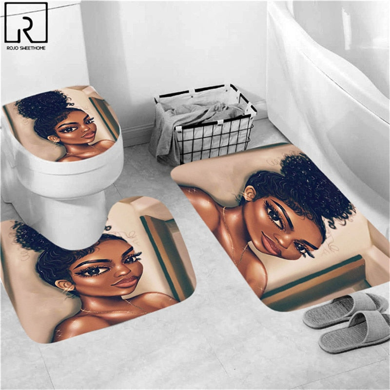 Black Woman Printed Shower Curtain w/ 12 Hooks Bathroom Bath Mat Set Toilet Cover 1/3/4 PCS