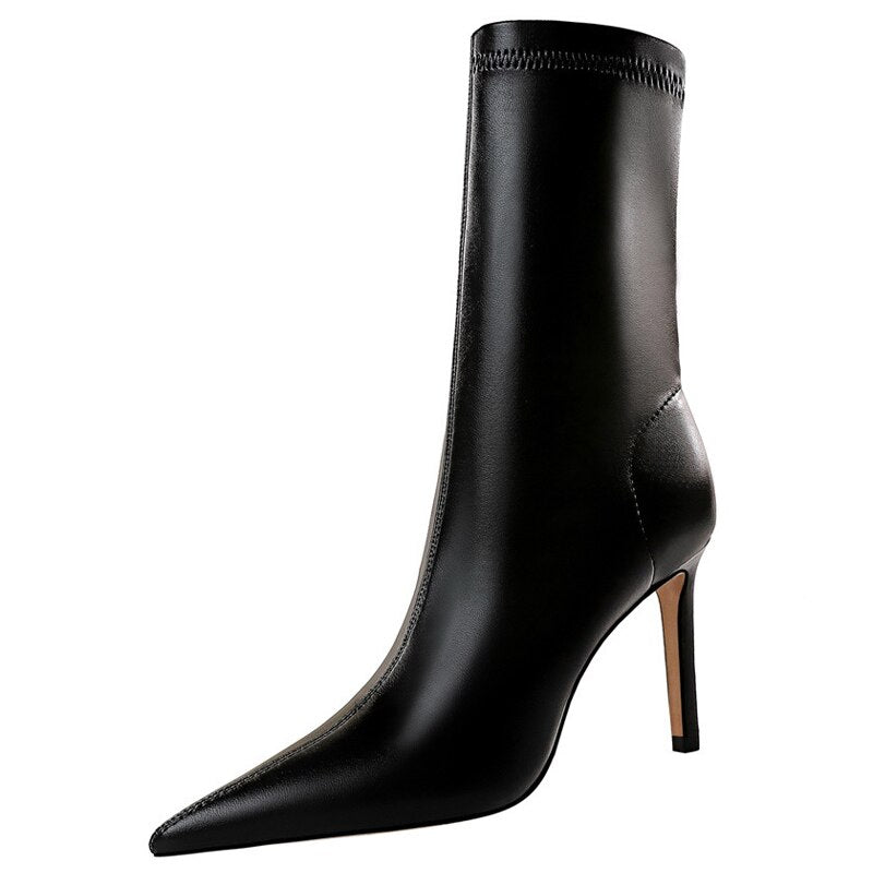 Pointed Toe Stiletto Heel Leather Ankle Boots