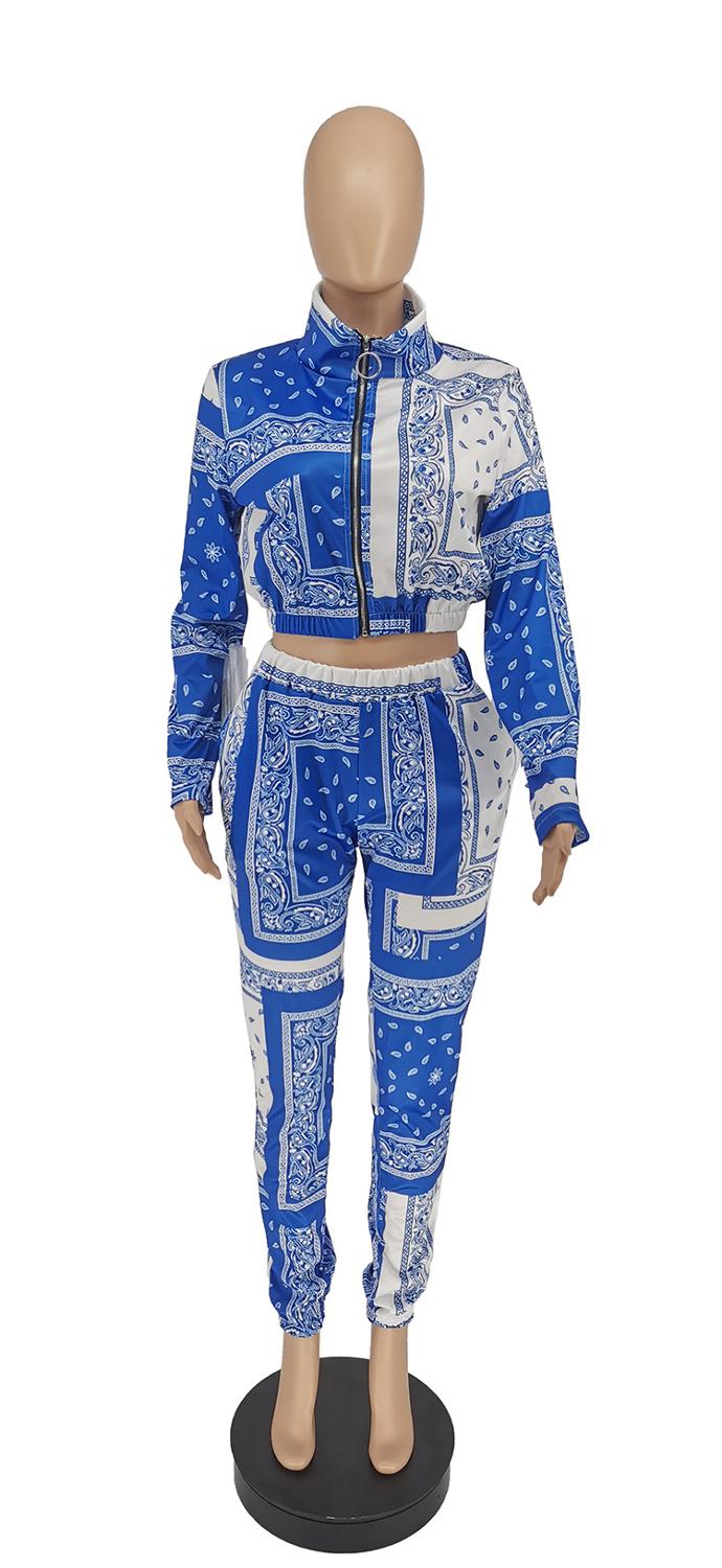 Paisley Bandana Print Zipper Jacket + Elastic Waist Sweatpants Women's Tracksuit