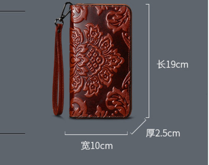 Waxed Leather Oil Embossed Flower Wallet