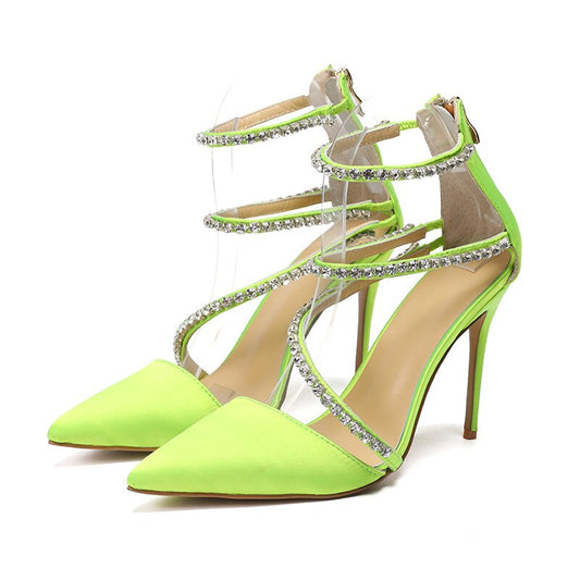 Fluorescent Green Silk Crystal Back Zipper Pumps