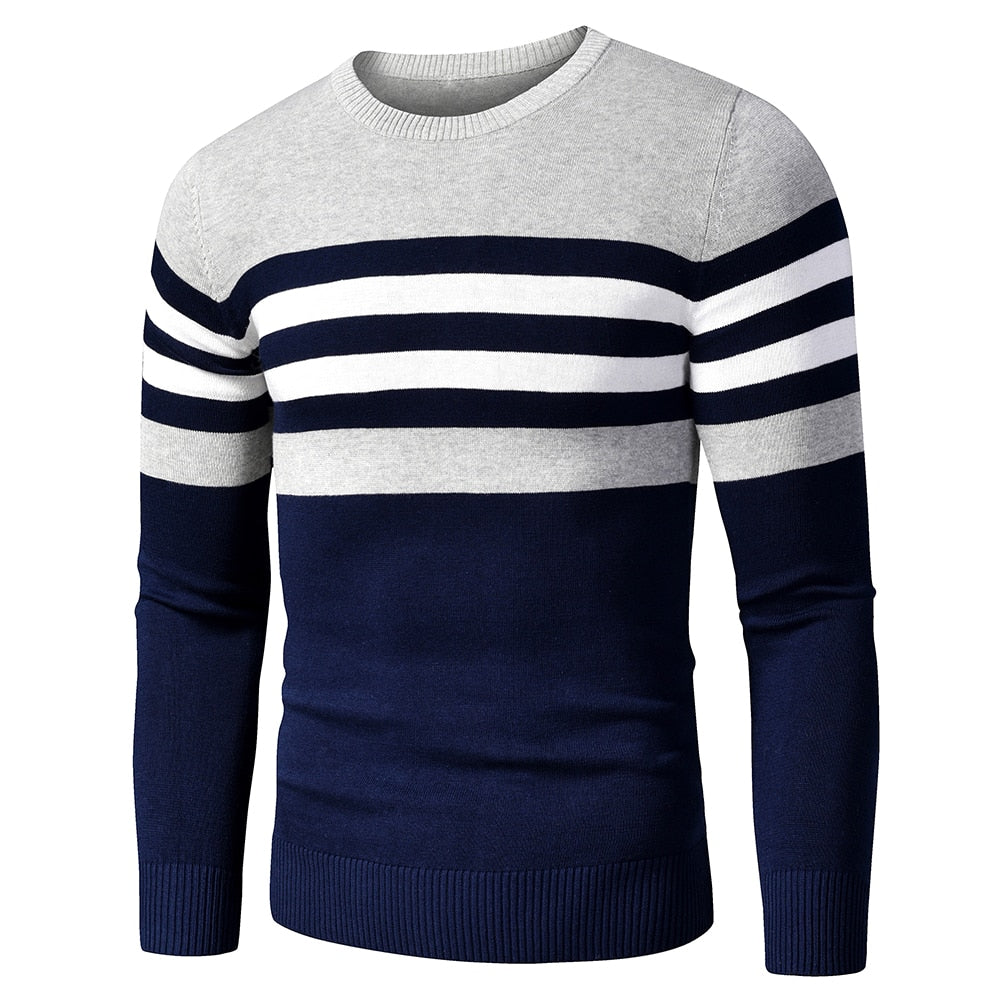 Men's Striped Fleece Cotton Pullover O-Neck Sweater