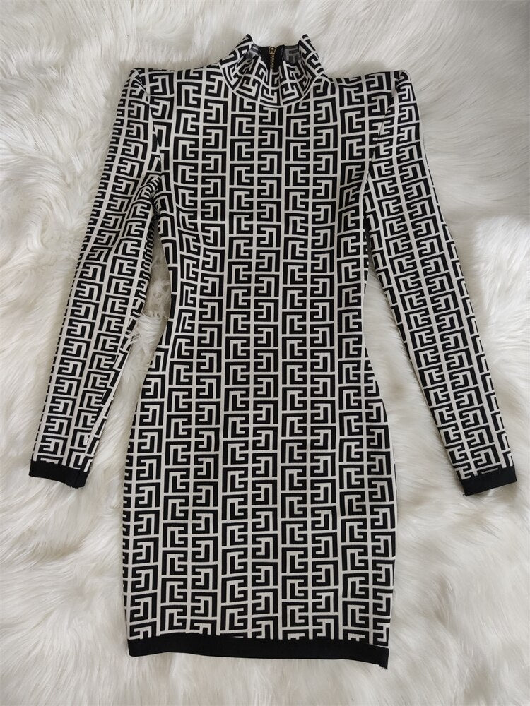 Geometric Bandage Long Sleeve Bodycon Mini Dress