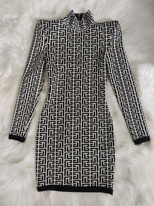 Geometric Bandage Long Sleeve Bodycon Mini Dress