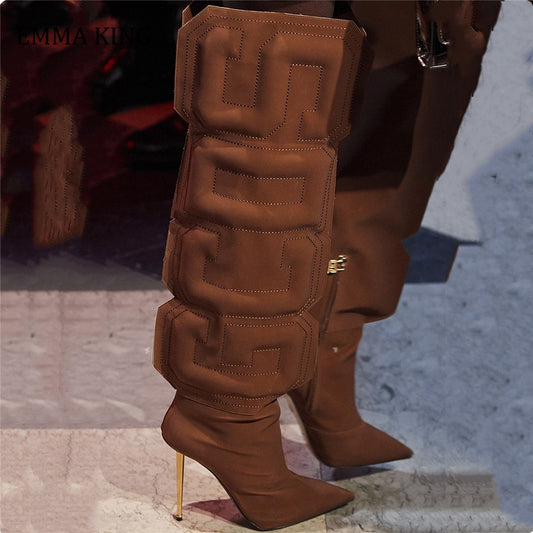 Monogram Thigh High Lycra Iron Heel Boots