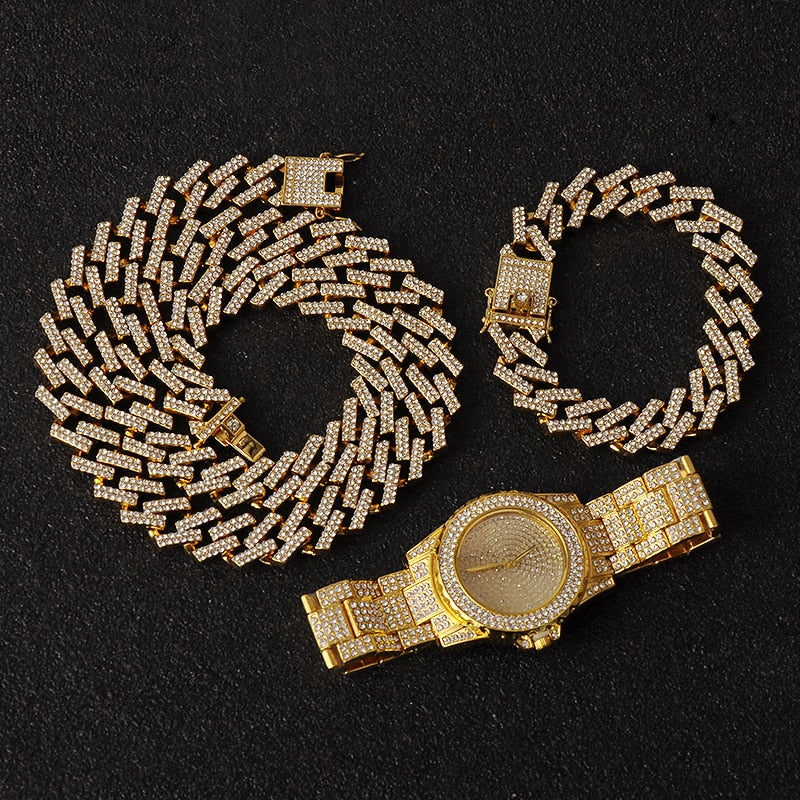 3-Piece Hip Hop Jewelry Sets: Bling Iced Out Miami Zircon Cuban Prong Pave Rhinestone Chain + Watch+ Bracelet