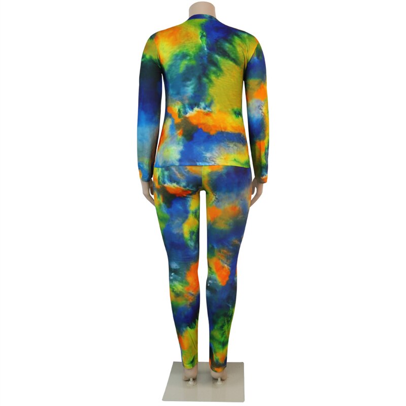 Plus Size Tie-Dye Long Sleeve Top and Legging Pants Set