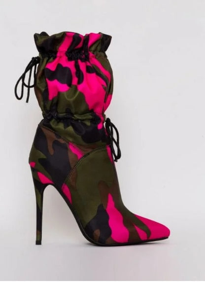 Colored Camoflauge Stiletto Lace Up Ladies Ankle Boots