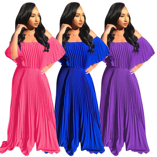 Pleated Solid Color Off-the-Shoulder Maxi Dress