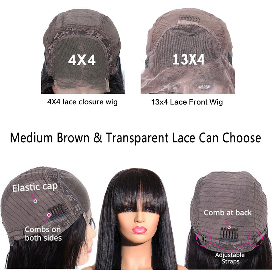 Straight Lace Front Wig With Bangs Friange Straight Human Hair Wigs With Bangs For Women Brazilian Bang Wig Human Hair Frontal