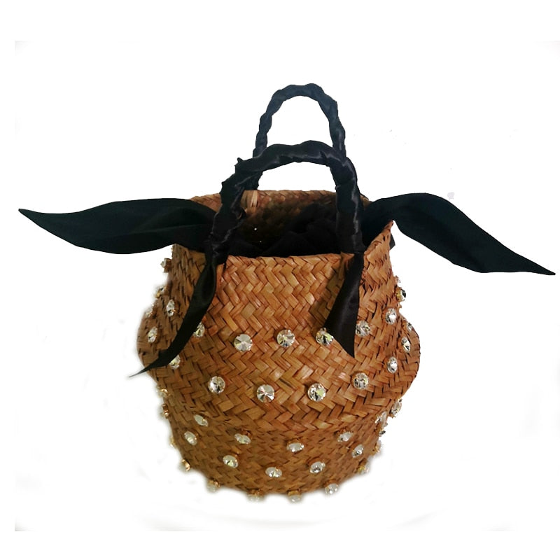 Handmade Crystal Woven Basket Diamond Clutch Straw Bag