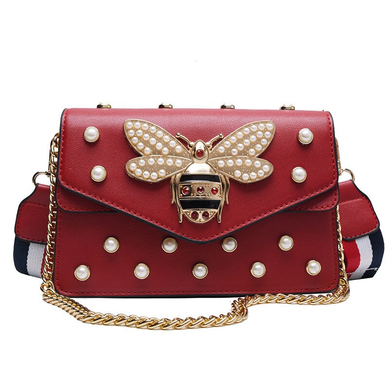 Bee Metal Pearl PU Leather Chain Ladies Shoulder Bag Flap Crossbody Chain Purse