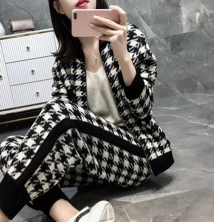 Women's Knitted Houndstooth Zipper Plaid Cardigan Sweater + Sweatpants 2-Piece Set