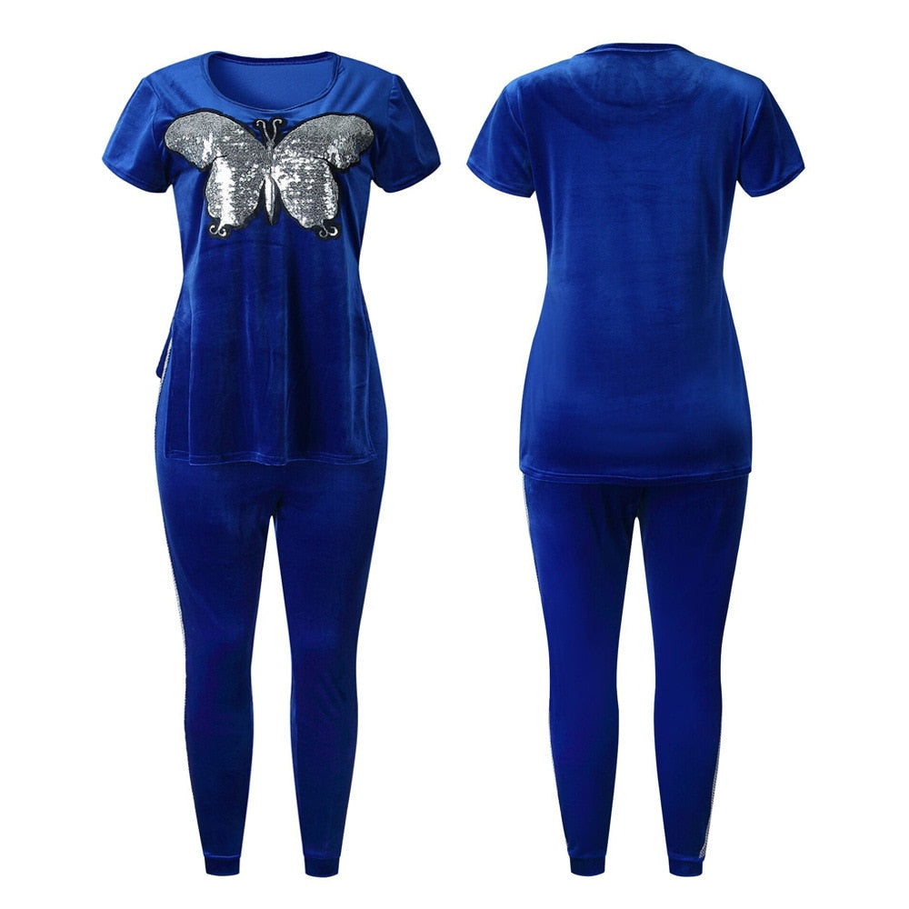 Velvet Metallic Butterfly Embroidered Short Sleeve Top & Side Striped Skinny Pants 2-Piece Set to 3X Plus Size