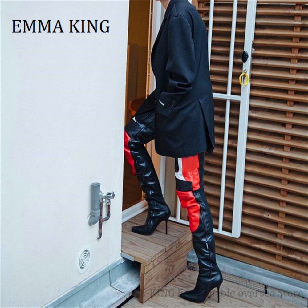 Runway Patchwork Women Over the Knee Pointed Toe Knight Boots