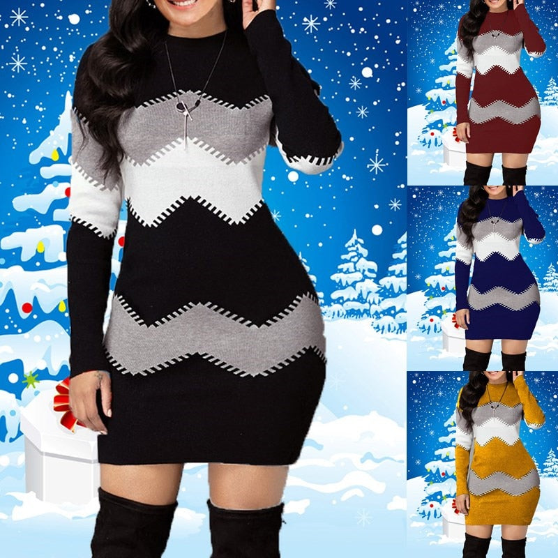 Colorblock Geometric Striped Multi-Colored Sweater Mini Dress to 5X Plus Size