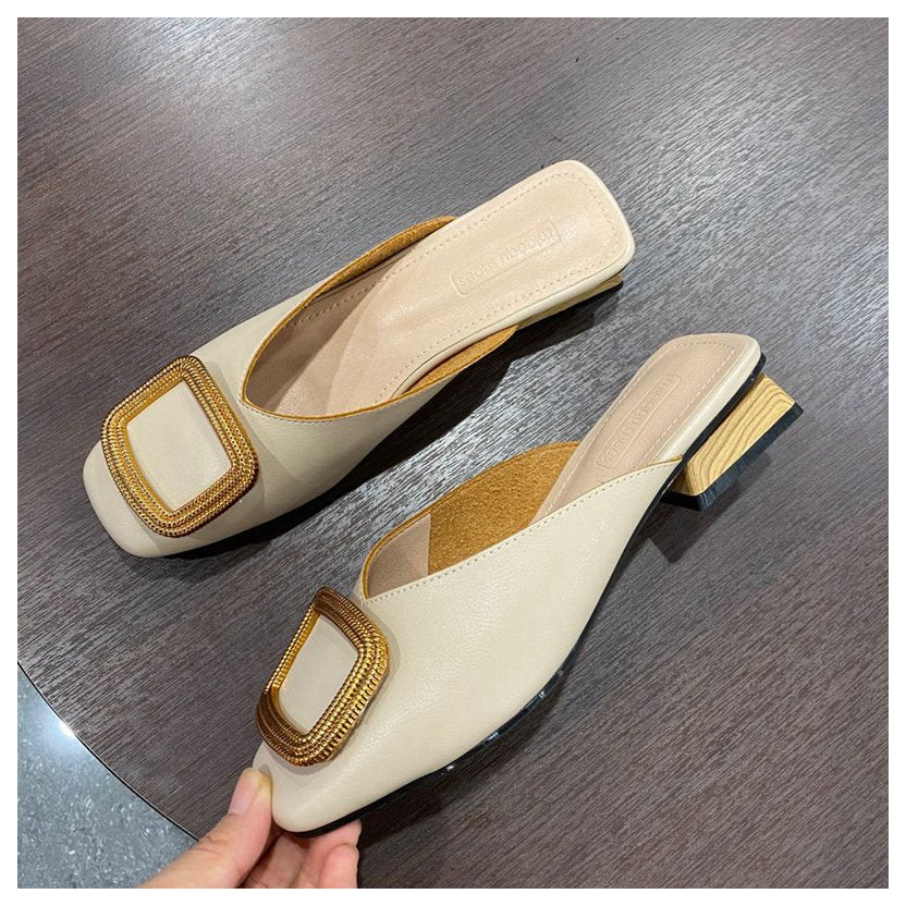 British Gold Round Buckle Wooden Block Heel Flats