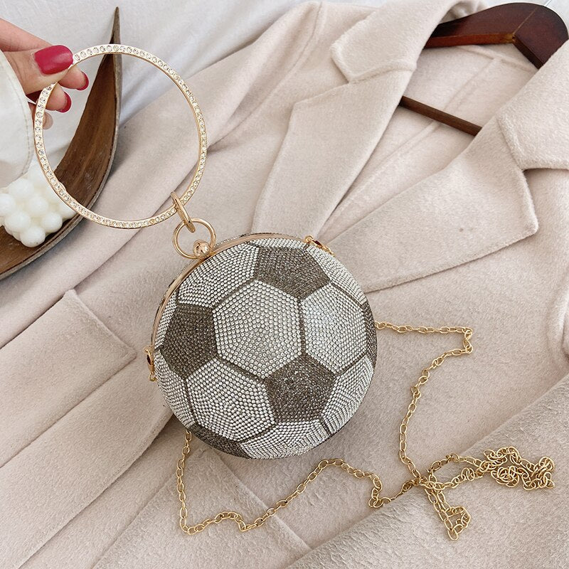 Crystal Round Metal Handle Basketball/Soccer Diamond Evening Clutch Purse