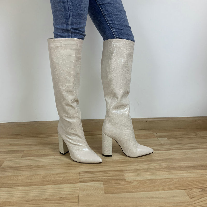 Pointed Toe Ladies Knee High Block Heel Boots