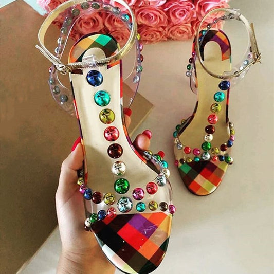 Colorful Bauble Studded High Heel Rainbow Studs T-Strap Embellished Beaded PVC Sandals