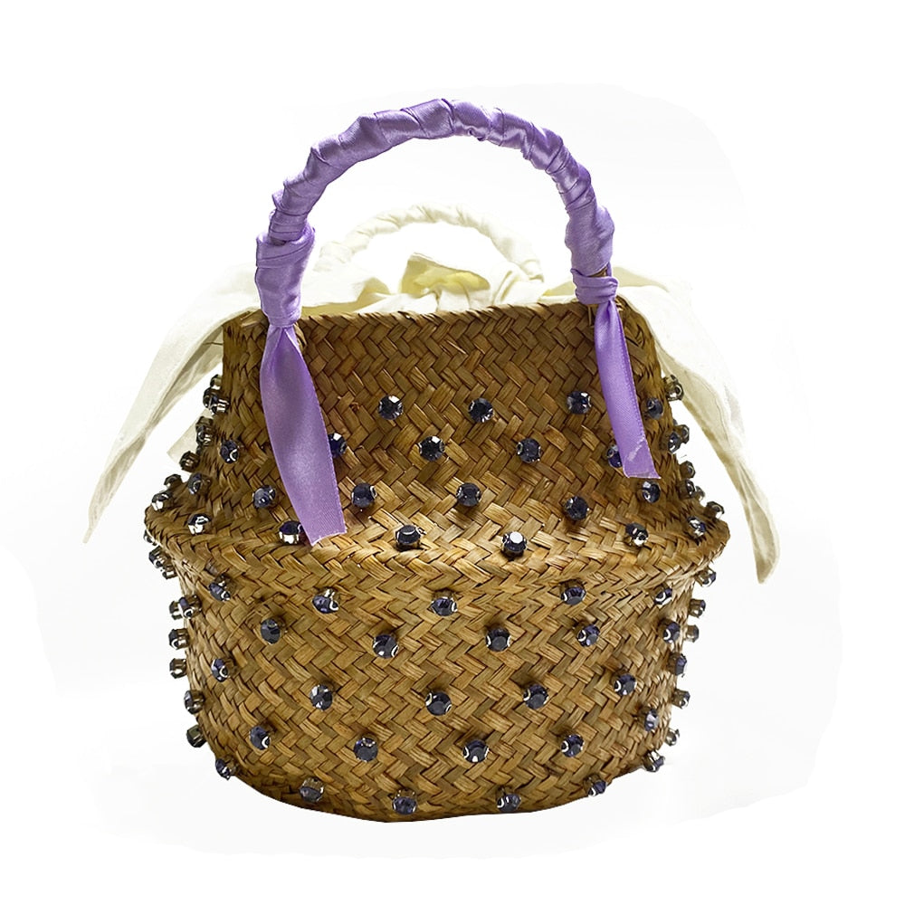 Handmade Crystal Woven Basket Diamond Clutch Straw Bag