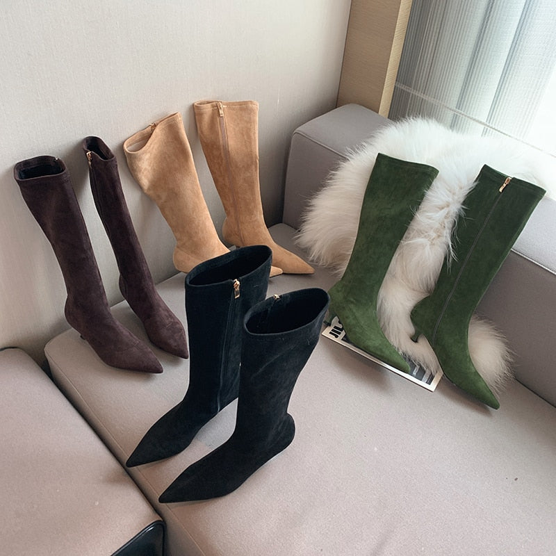 Knee High Stretch Zipper Pointed Toe Boots