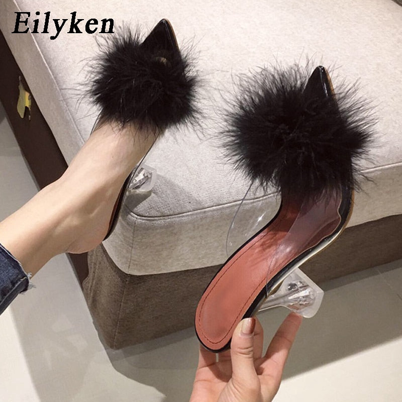 Ladies Feather PVC Transparent High heels Fur Peep Toe Mule Pumps