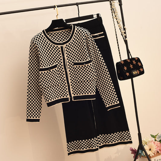 Checkered Houndstooth Plaid O-Neck Cardigan Women's Knitted Blazer + Contrast Hem Maxi Skirt Office Suit