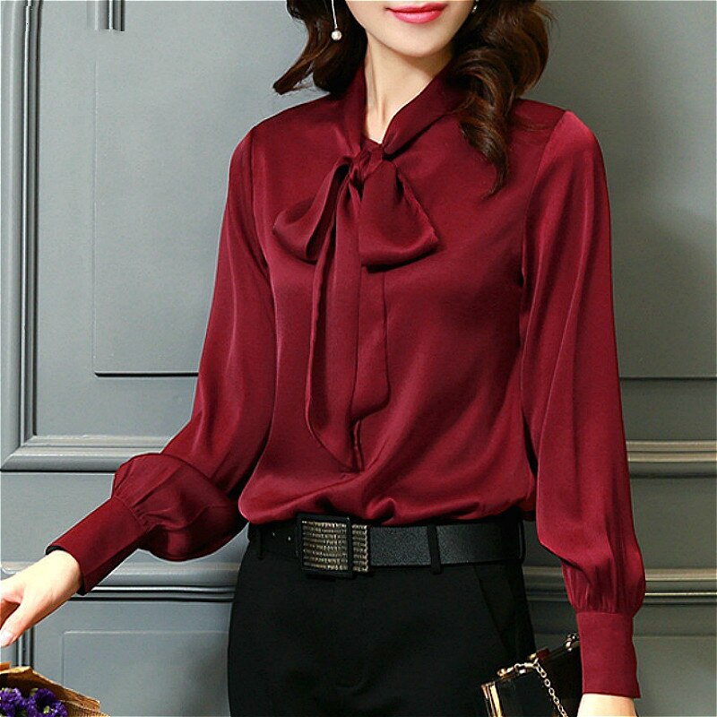 Chiffon Solid Bowtie Lantern Sleeve Plus Size Blouse to 3X