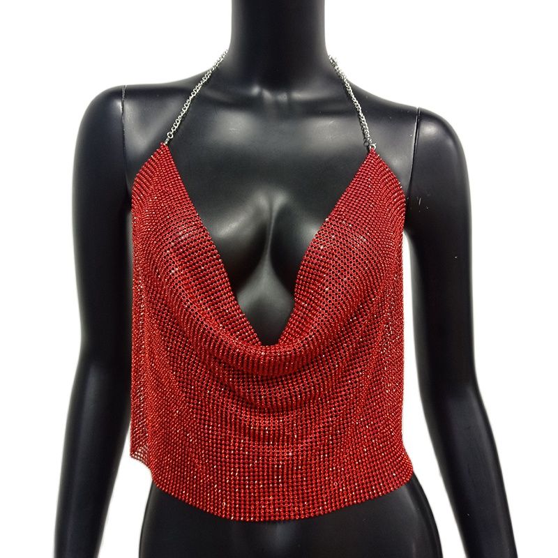 Sparkiing Rhinestone Backless Crop V-Neck Diamond Metal Tank Top