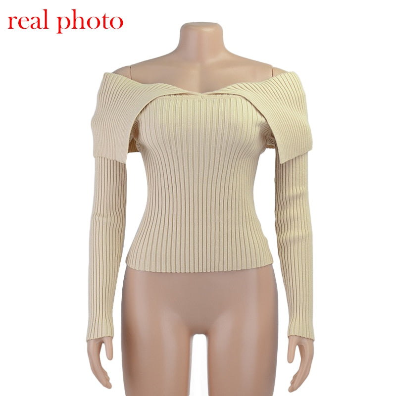 Off Shoulder Ribbed Knitted Women's Cropped Sweater