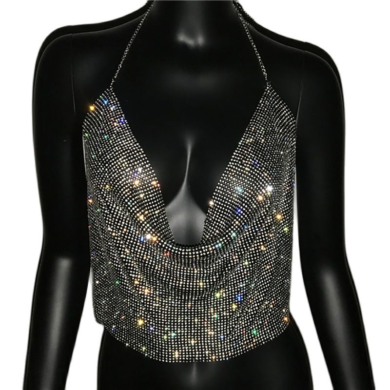 Sparkiing Rhinestone Backless Crop V-Neck Diamond Metal Tank Top